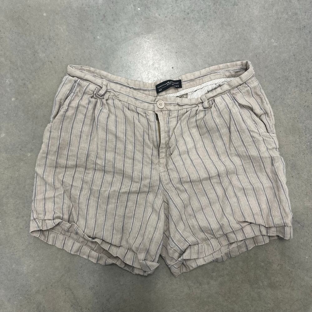 Peruvian Connection 100% Linen Striped Shorts Women's US 12 Beige Pull-On